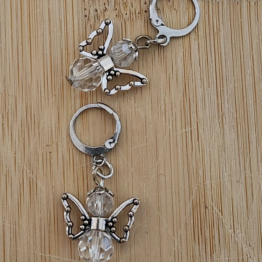 Hand Crafted Earrings Clear Crystal Angel Pierced with Silver Angel Wings